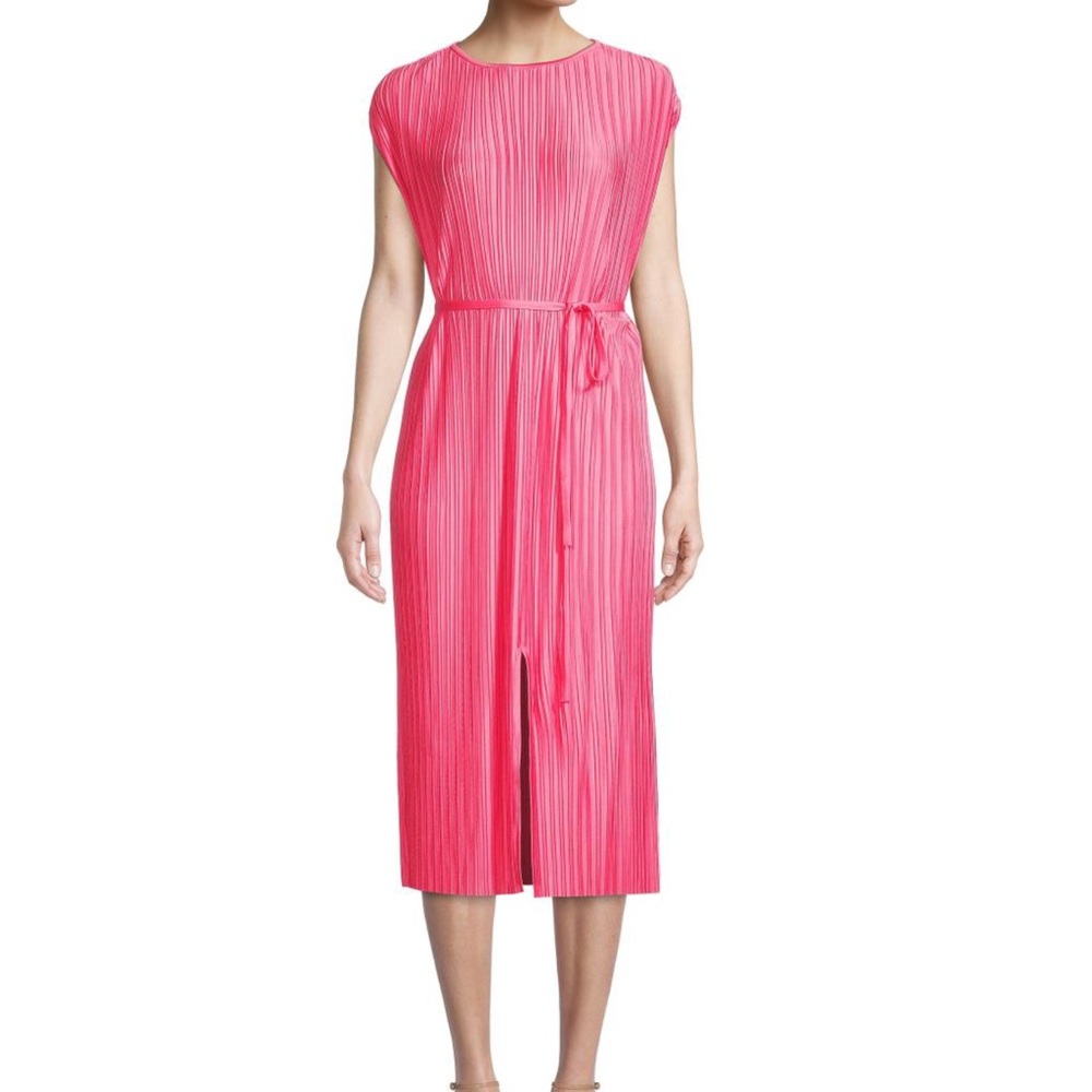 Boss Emaura Pleated Midi Dress Size XL Women Tie Waist Wedding Guest In Pink